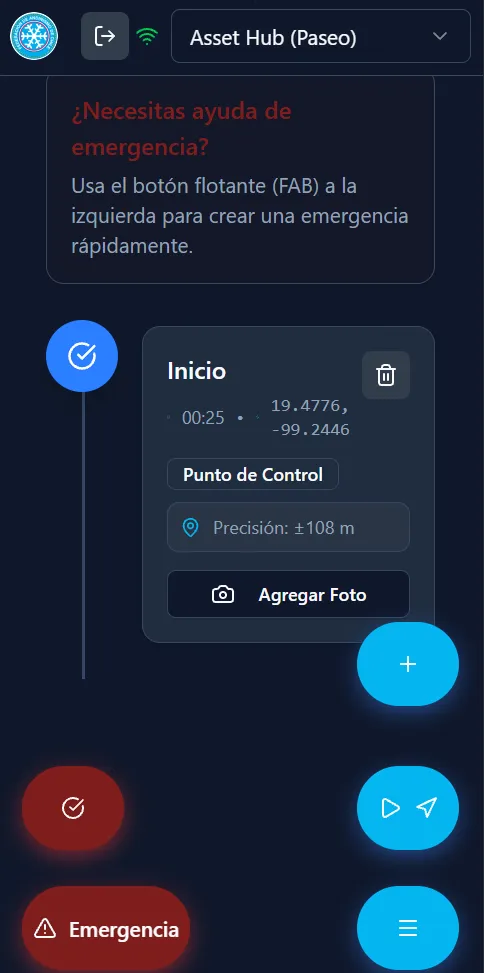 Punto de control con hora, coordenadas GPS, precisión y foto opcional; botón de emergencia accesible.
