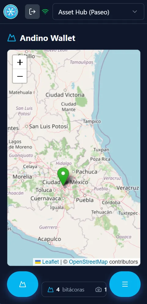 Mapa de bitácoras: rutas y puntos registrados con la wallet en Asset Hub (Paseo).