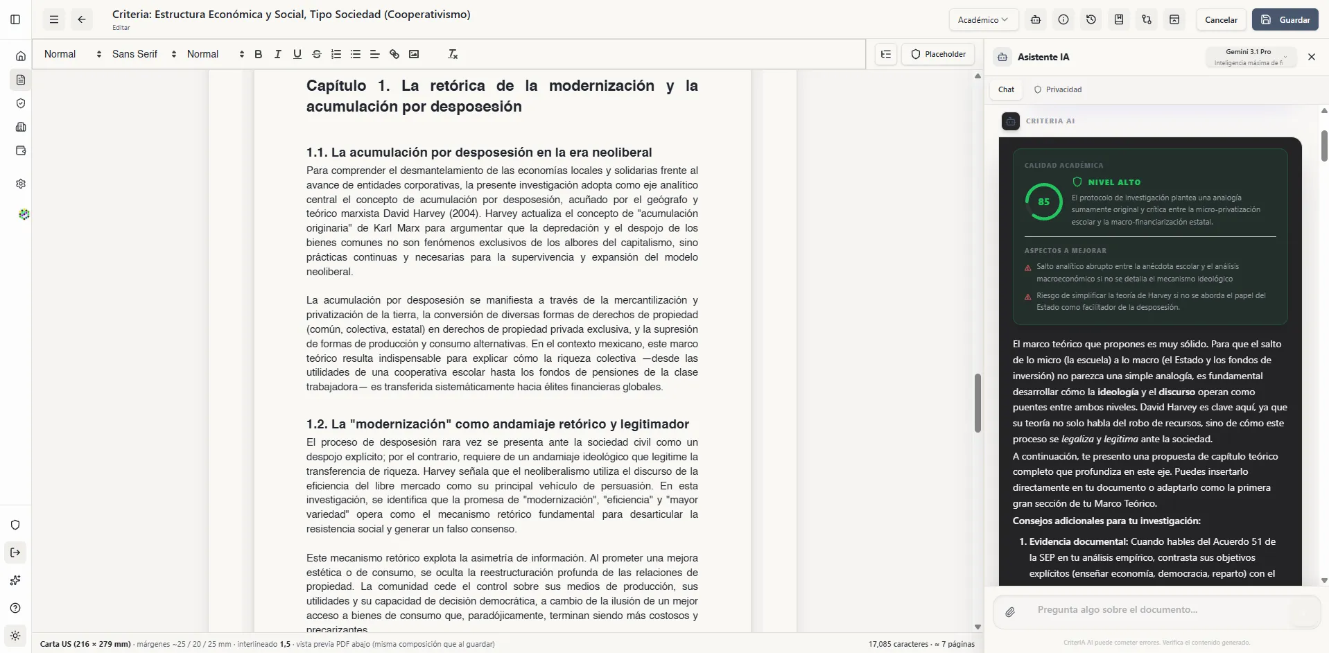 Editor con asistente IA: criterio académico, nivel de calidad y consejos en contexto.