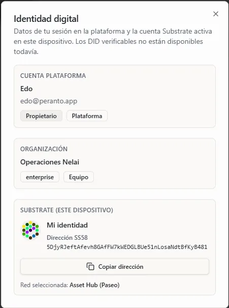 Identidad digital: cuenta de plataforma y wallet Substrate en tu dispositivo.