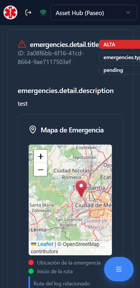 Detalle de emergencia con mapa (ubicación, inicio de ruta y trazado relacionado).