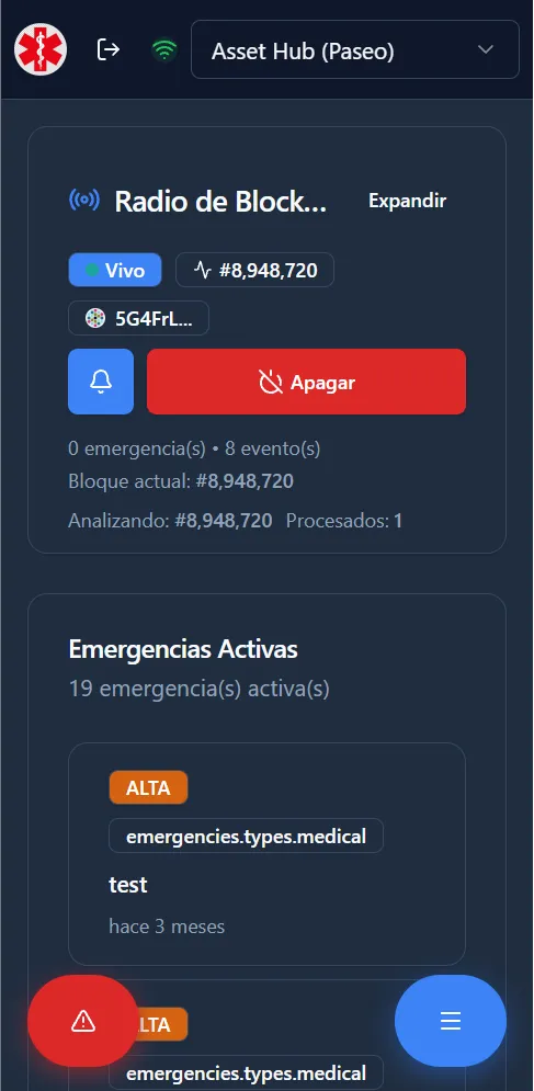 Radio de blockchain en vivo: bloque actual, eventos procesados y control de escucha.