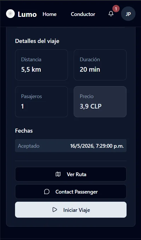 Conductor: viaje aceptado con distancia, duración, precio y acciones de ruta.