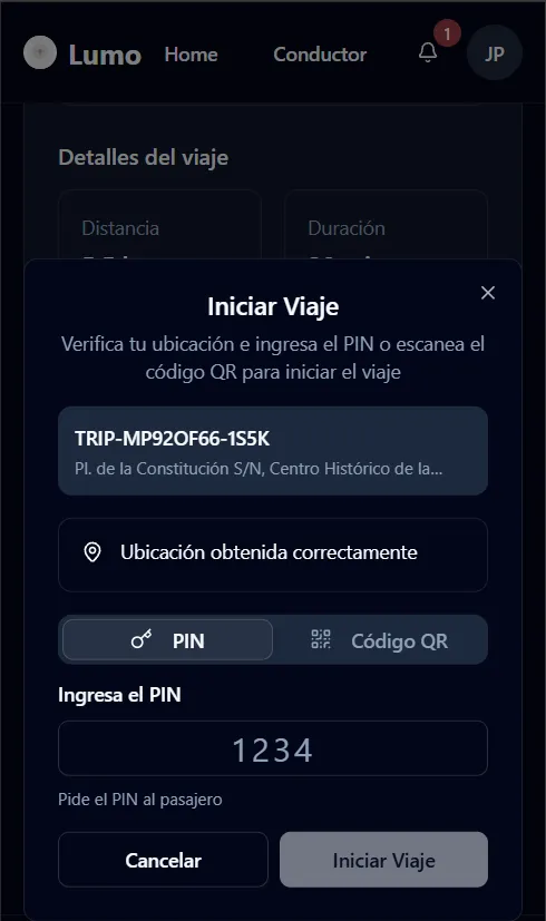 Inicio verificado: ubicación GPS, PIN o QR antes de arrancar el viaje.