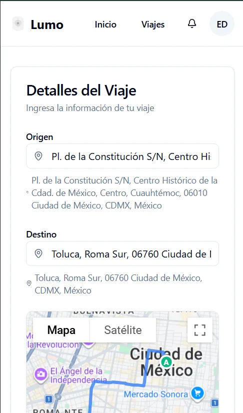 Pasajero: origen y destino con mapa, ruta estimada y datos del viaje en Ciudad de México (demo).