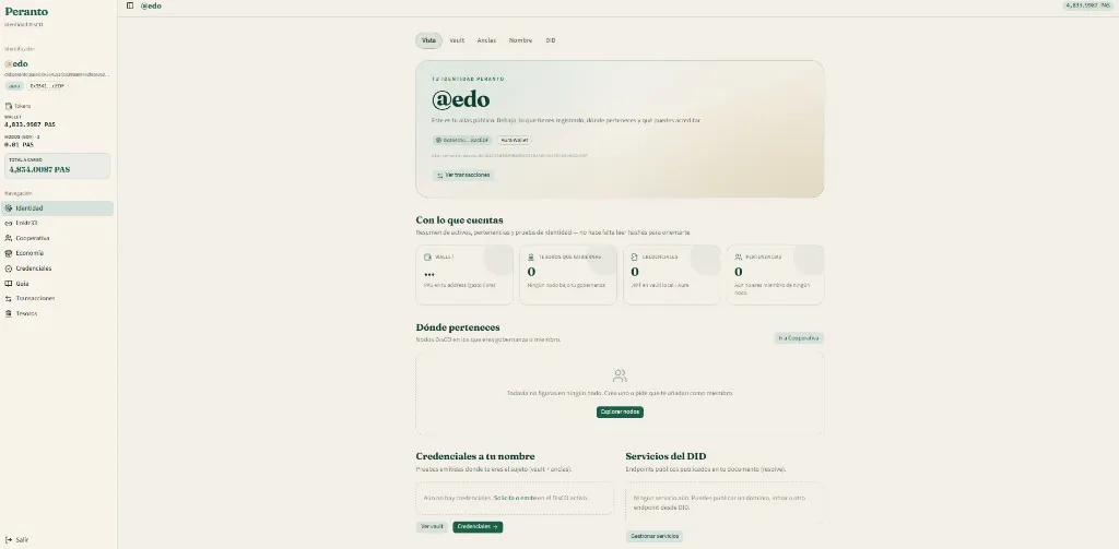 Identidad Peranto: wallet, pertenencias DisCO, credenciales y servicios del DID.