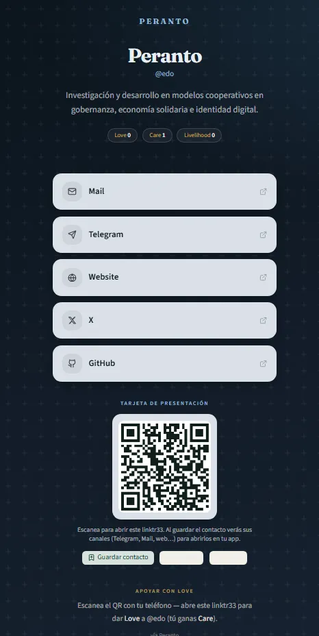 Página pública linktr33: perfil @nombre, canales y tarjeta de presentación con QR.