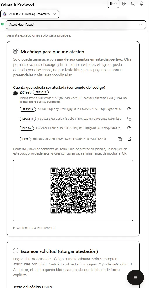 Código QR y formatos de cuenta (Substrate y EVM) para ceremonias de atestación presencial o coordinada.